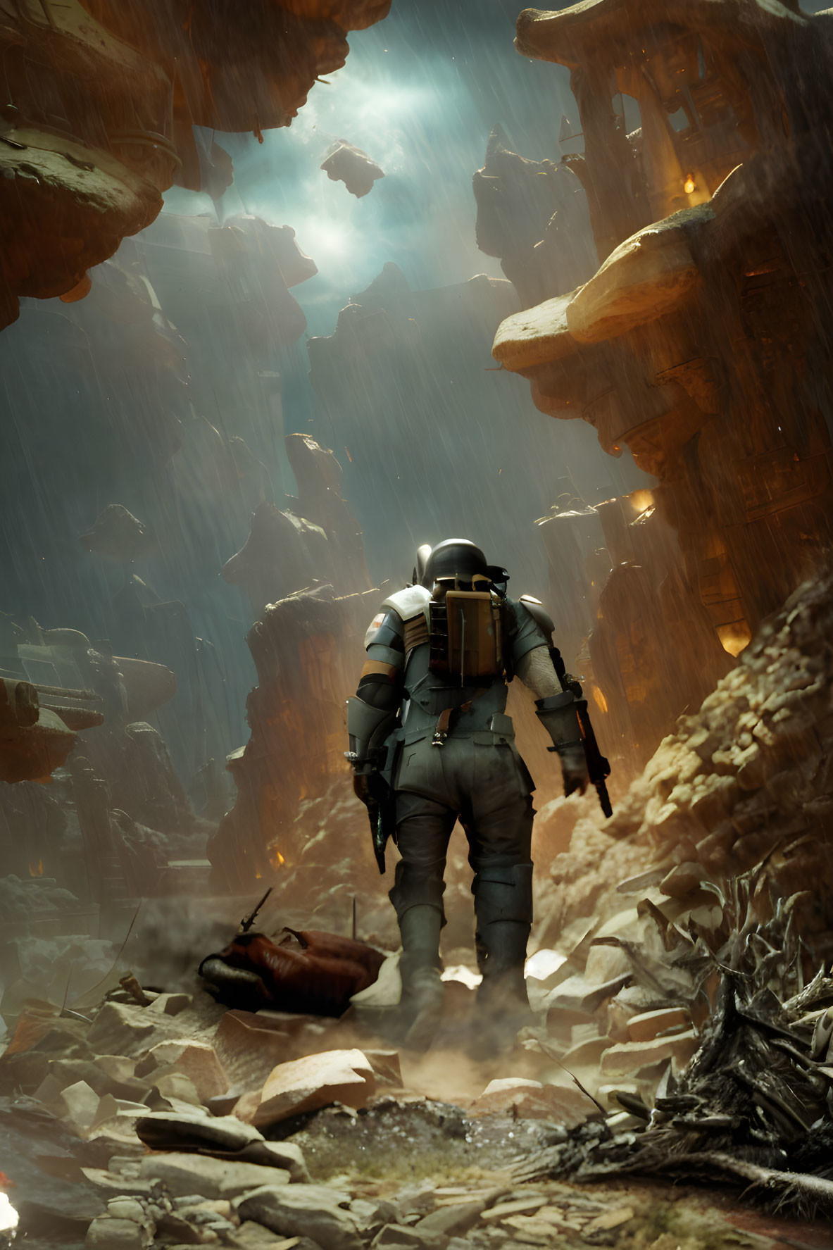 Astronaut on rocky terrain gazes at light through cavern opening