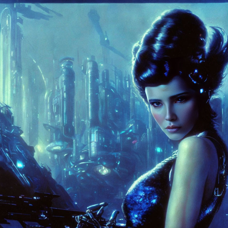 Elaborate hairstyle woman in dark dress against futuristic cityscape