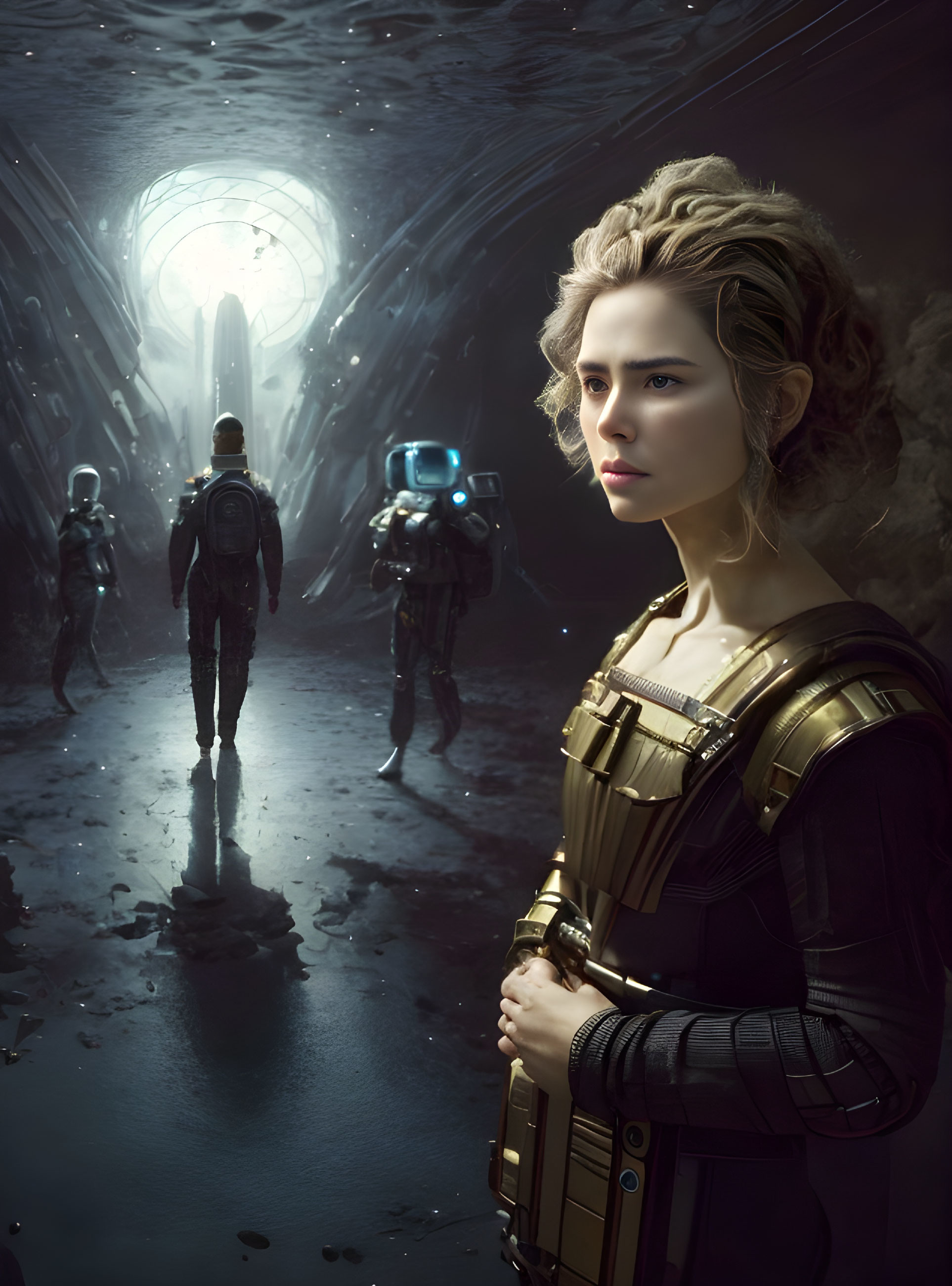 Futuristic armor woman and figures in advanced suits in dimly lit tunnel