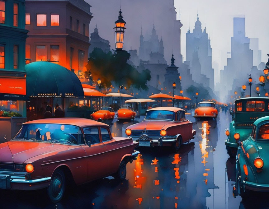 Classic Cars Reflect City Lights on Wet Street at Dusk