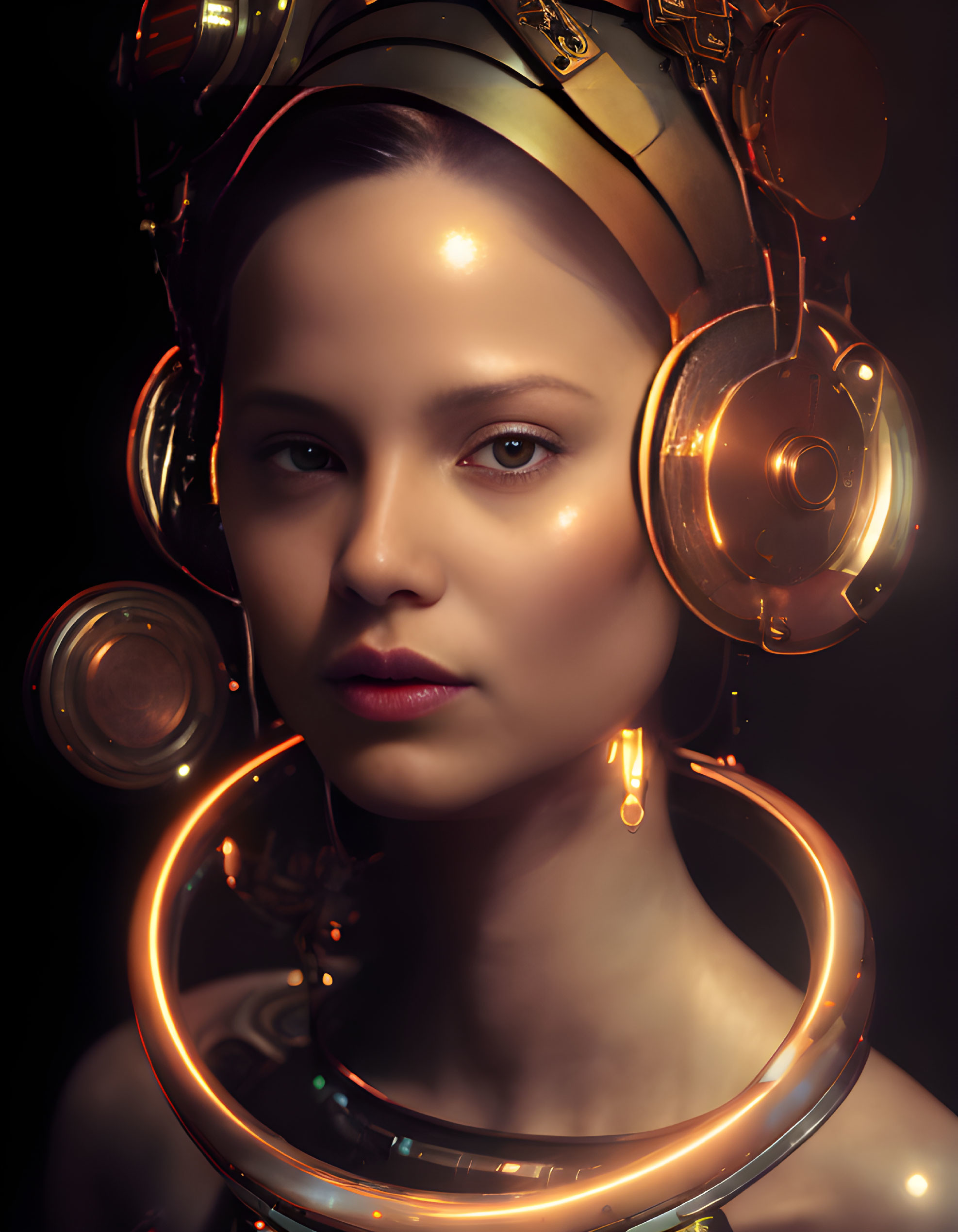 Portrait of Woman with Cybernetic Enhancements and Glowing Rings