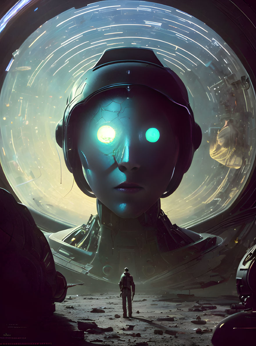 Giant humanoid robot with cracked glass helmet and glowing blue eyes in dark, mystical setting