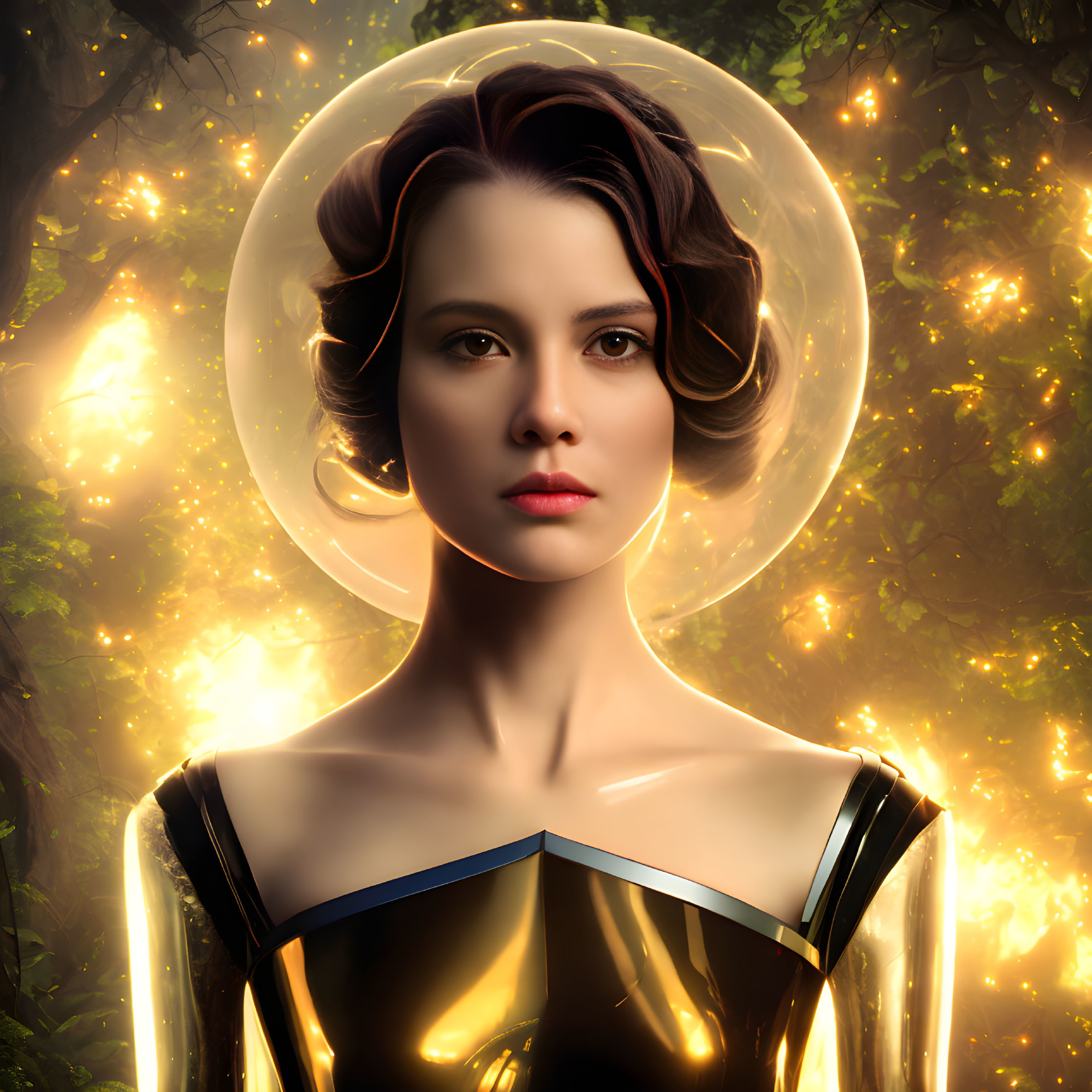 Digital Artwork: Woman with Illuminated Halo in Forest Setting