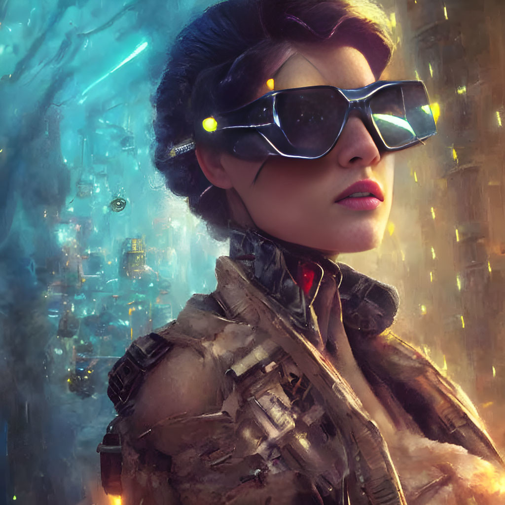 Futuristic sunglasses woman in neon-lit city with glowing rain