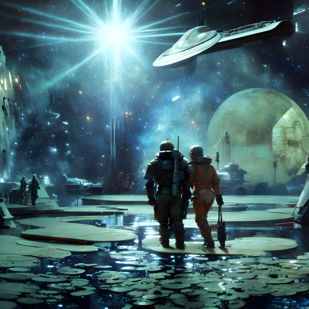 Astronauts walking to spacecraft in futuristic spaceport