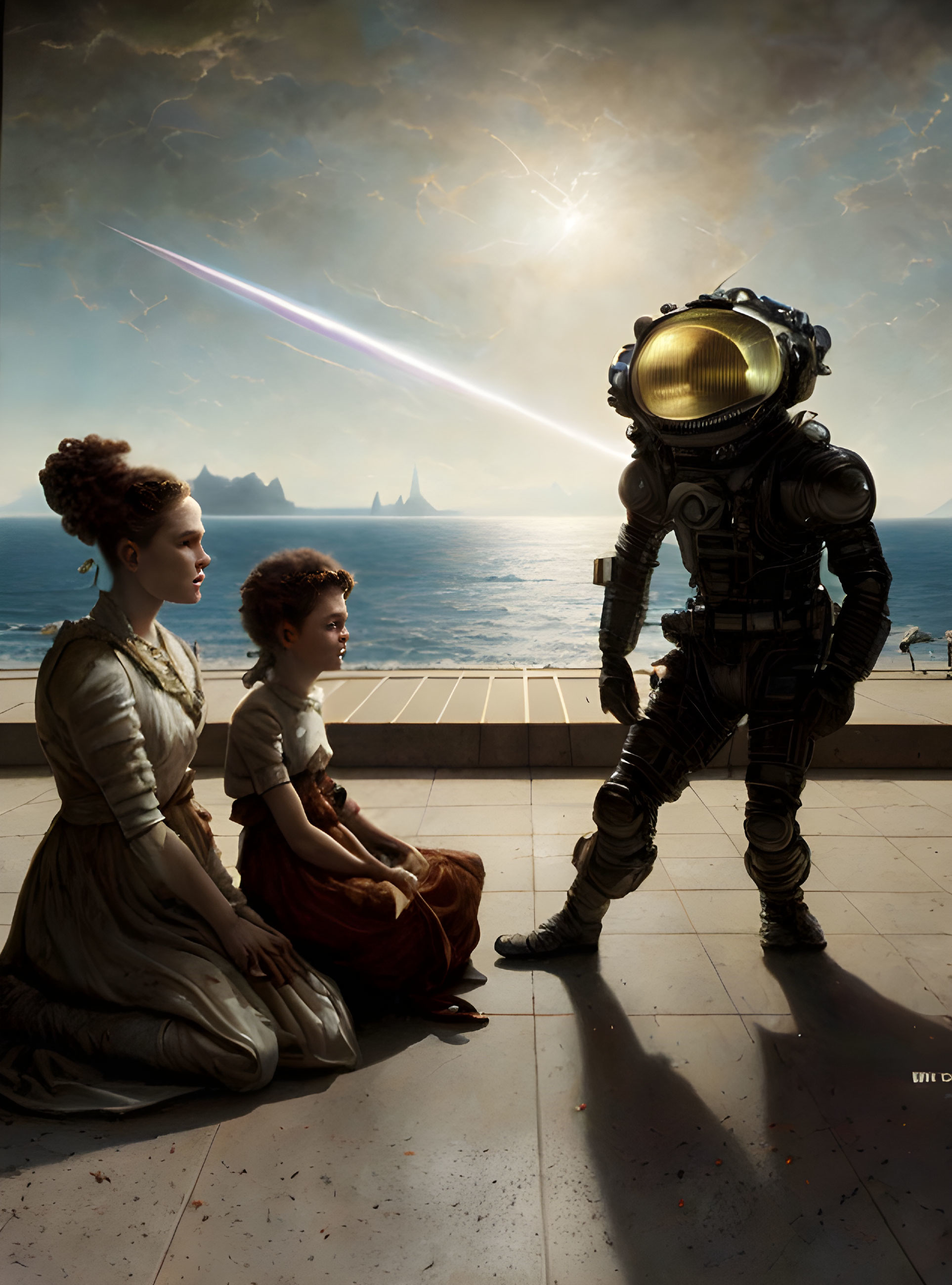 Astronaut meets women in 19th-century attire under dramatic sky