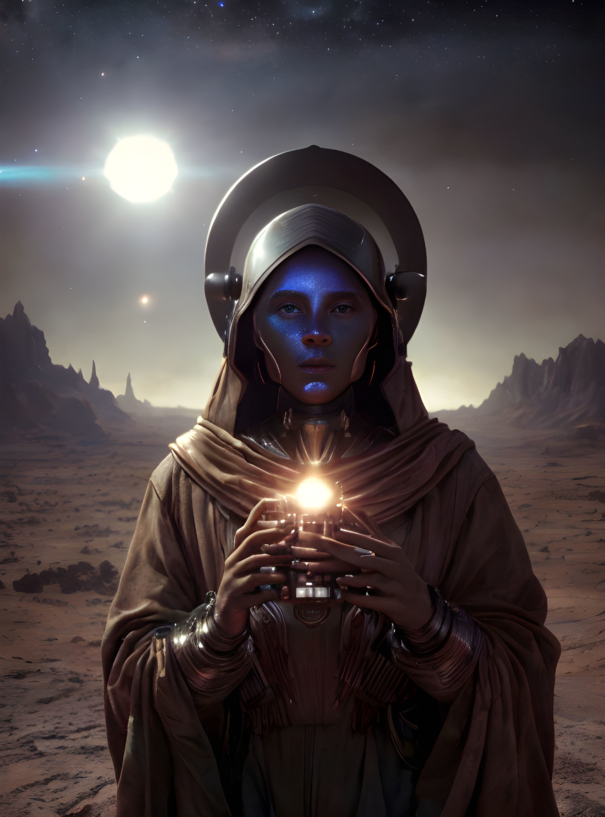 Blue-skinned figure in space helmet with glowing orb against starry desert backdrop