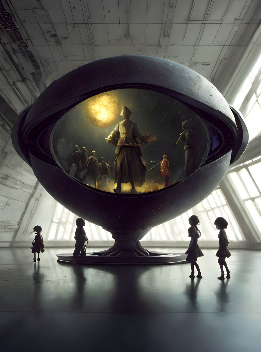 Futuristic egg-shaped vessel showcases historical scene with modern onlookers