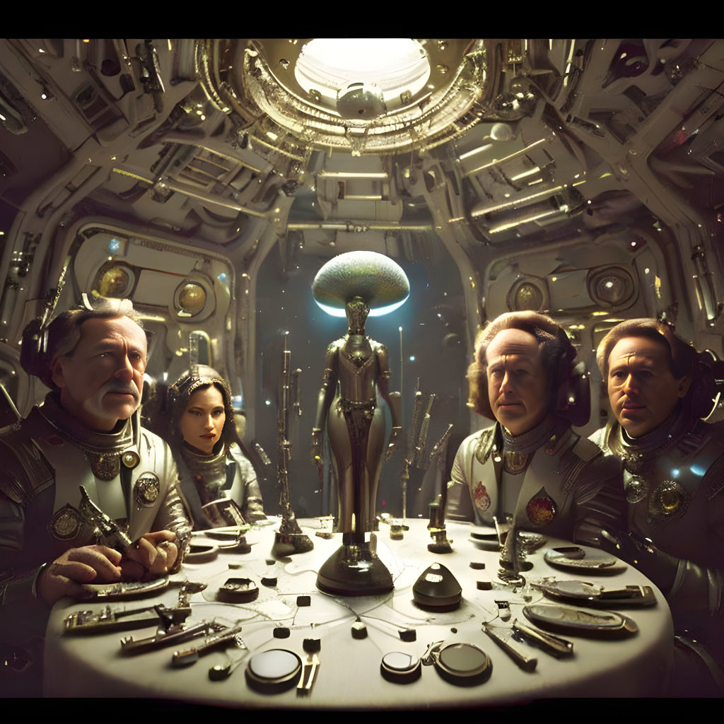 Astronauts and alien in futuristic spaceship scene