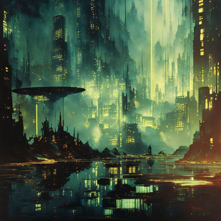 Futuristic night cityscape with skyscrapers, spacecraft, and serene water reflections