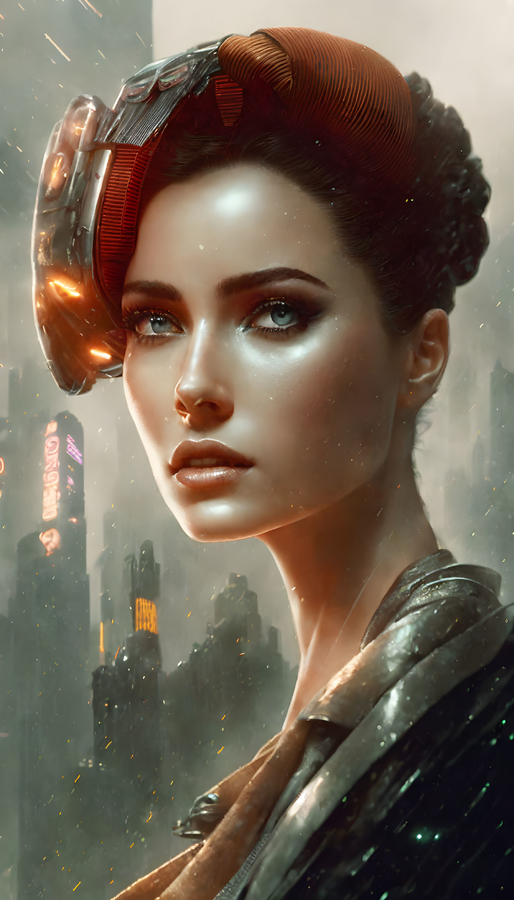 Woman in pilot helmet in digital art against futuristic cityscape