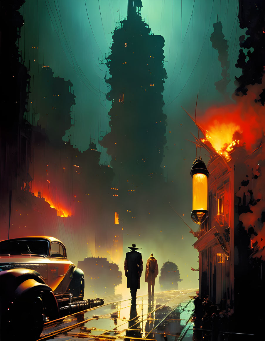 Two figures walking towards classic car in a noir-style cityscape