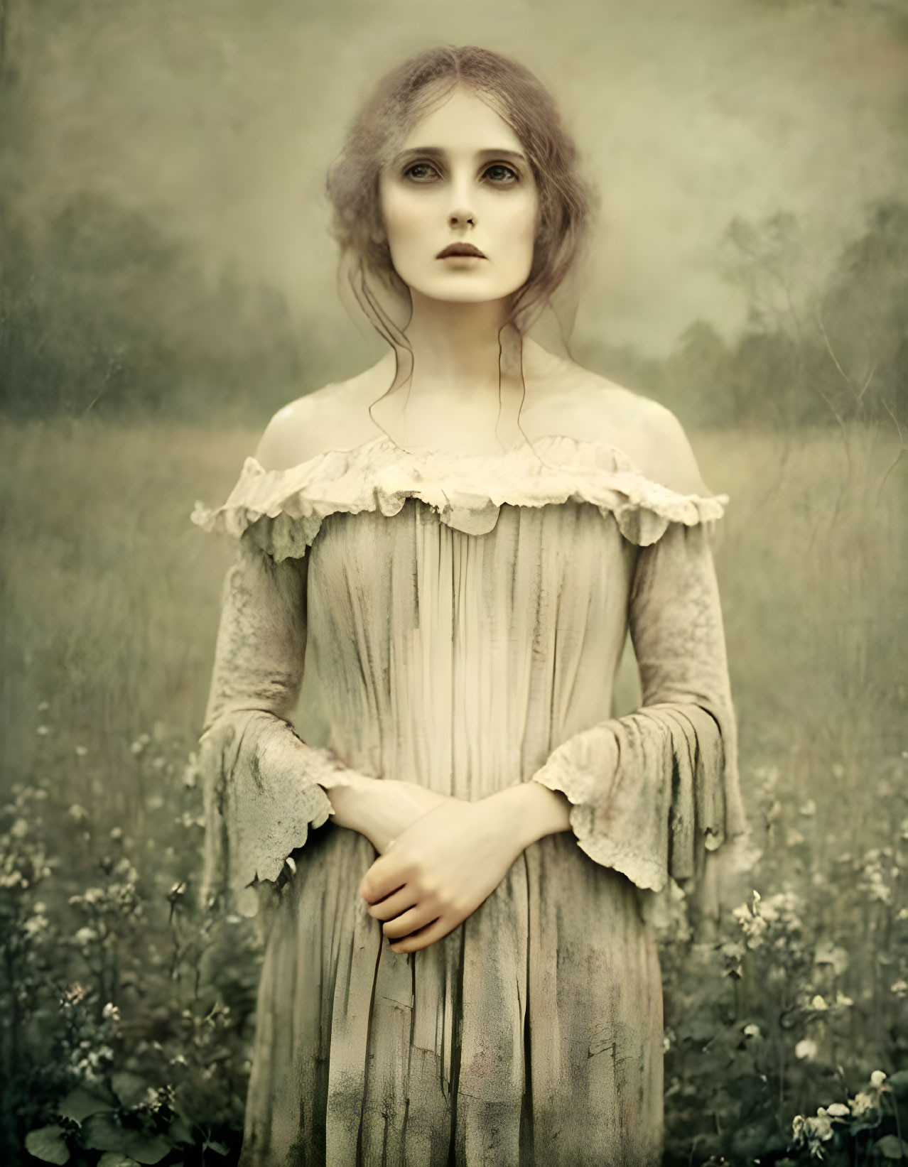 Ethereal woman in vintage ruffled dress in misty field