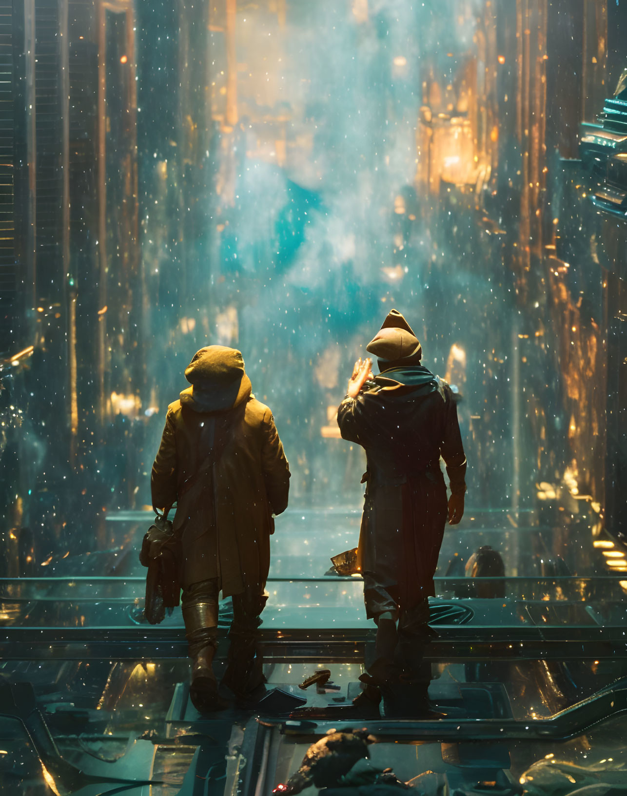 Two people in winter clothing admire a futuristic cityscape at night in snowfall.