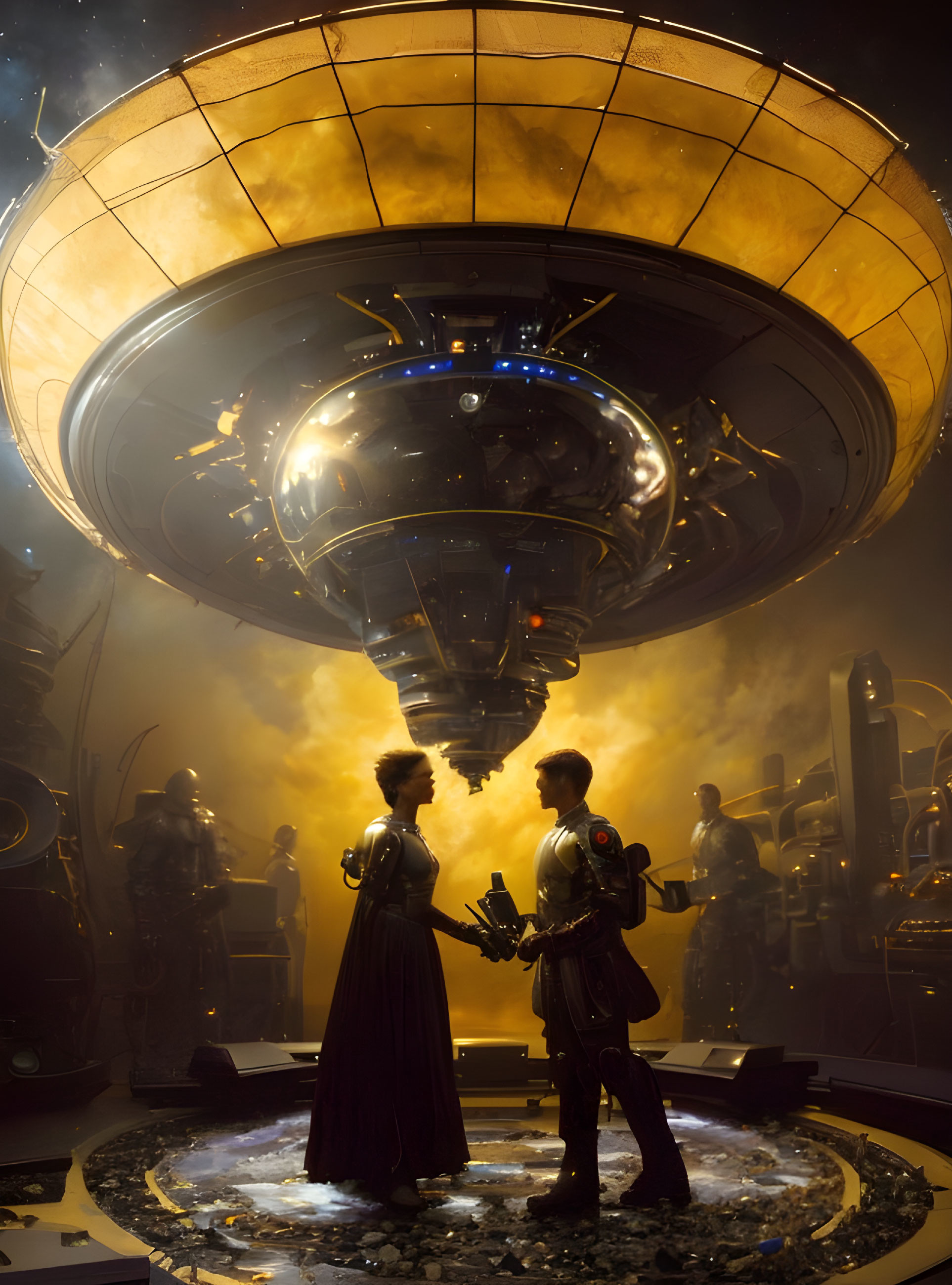 Sci-fi setting with two figures and a hovering machine in warm glow