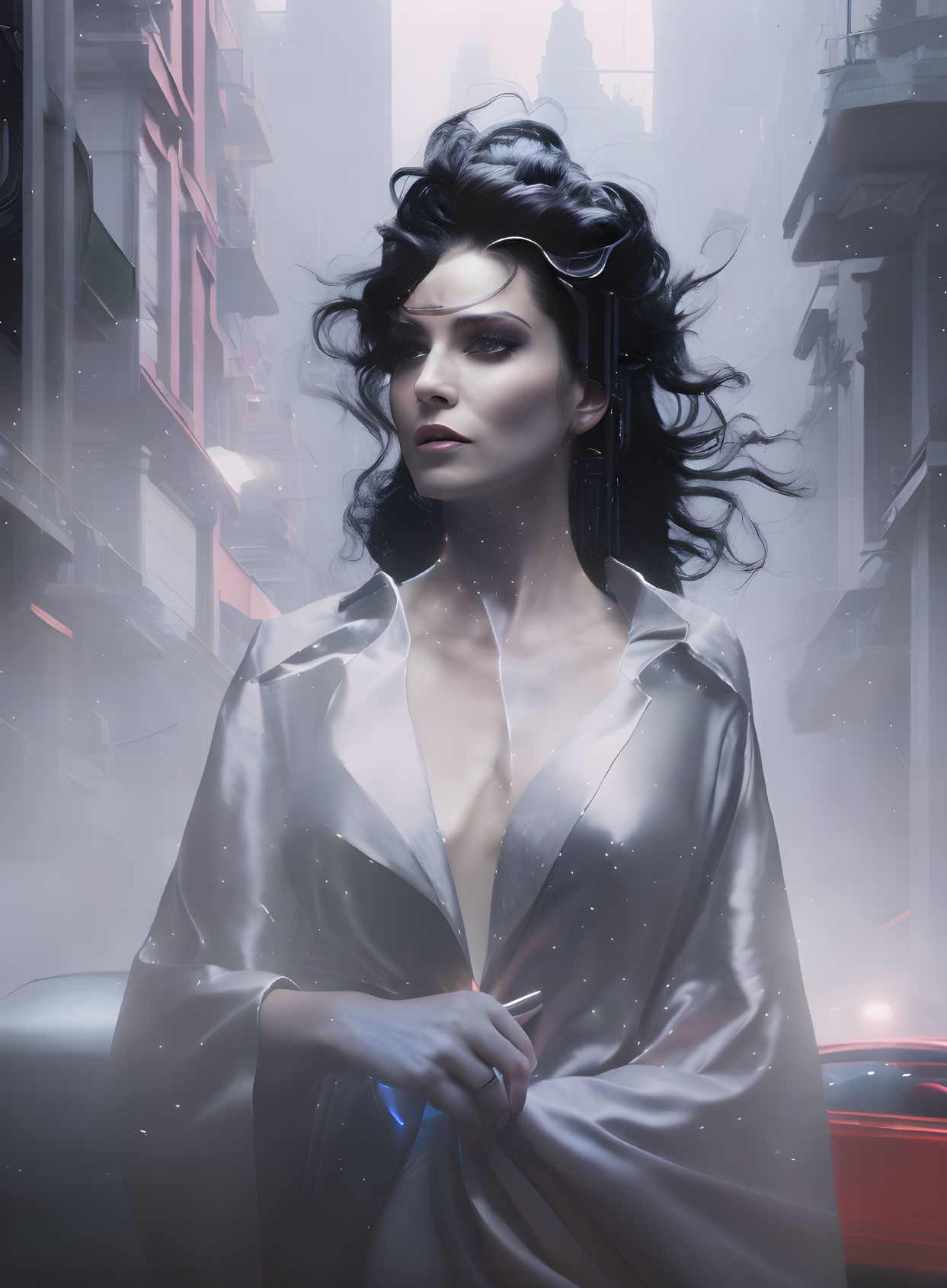 Futuristic woman with dark hair in misty cityscape wearing shimmering coat