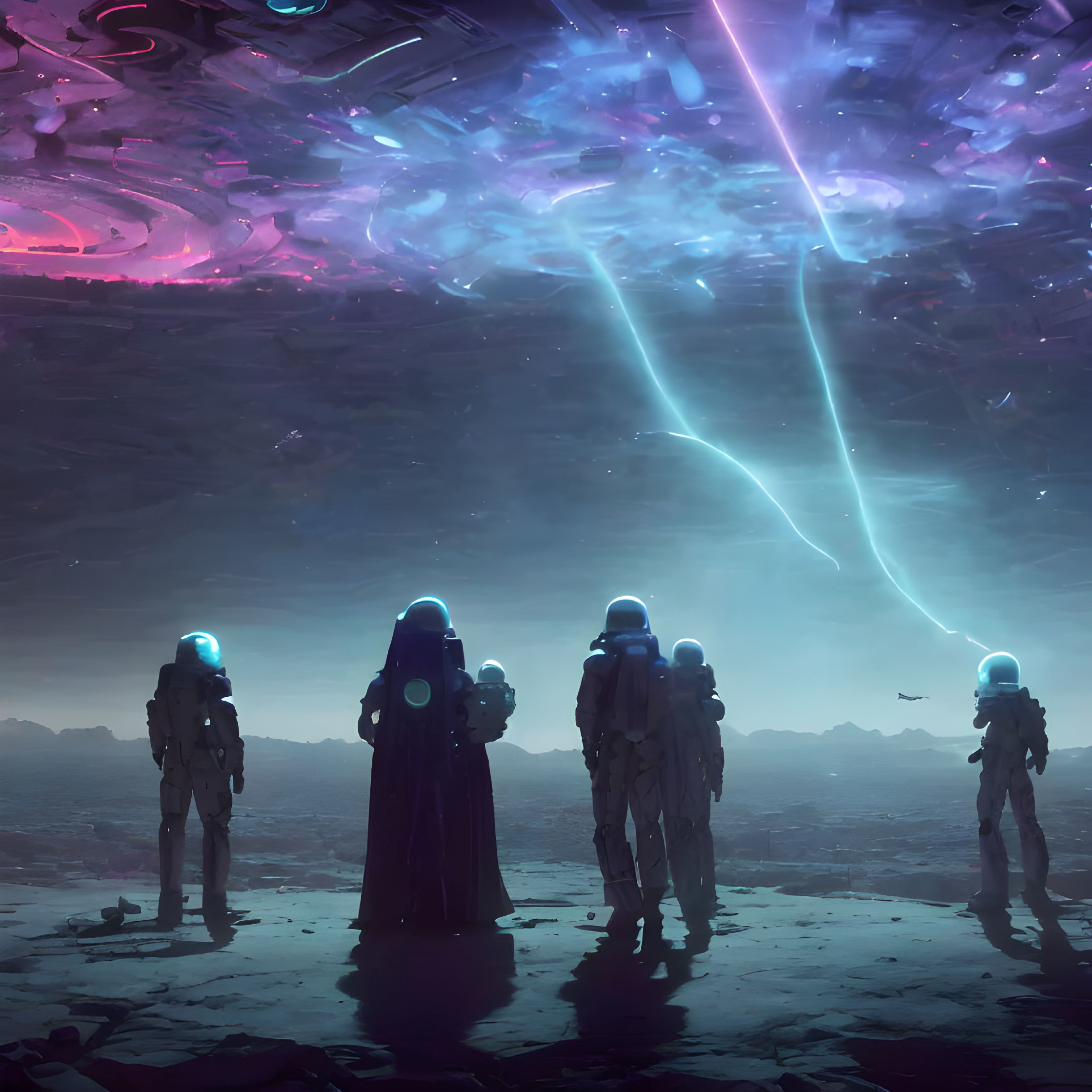 Futuristic figures in space suits on alien landscape with celestial events.