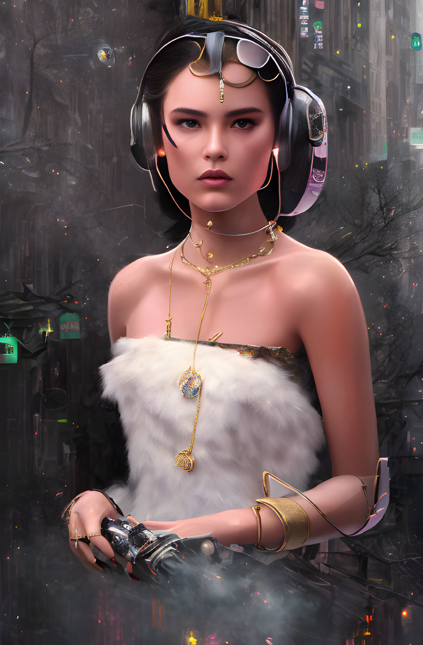 Futuristic woman with cybernetic arm in white fur, gold jewelry, neon-lit urban