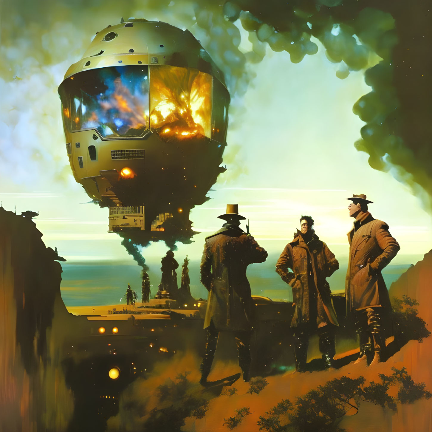 Victorian-themed art: Three figures view burning airship in dystopian setting