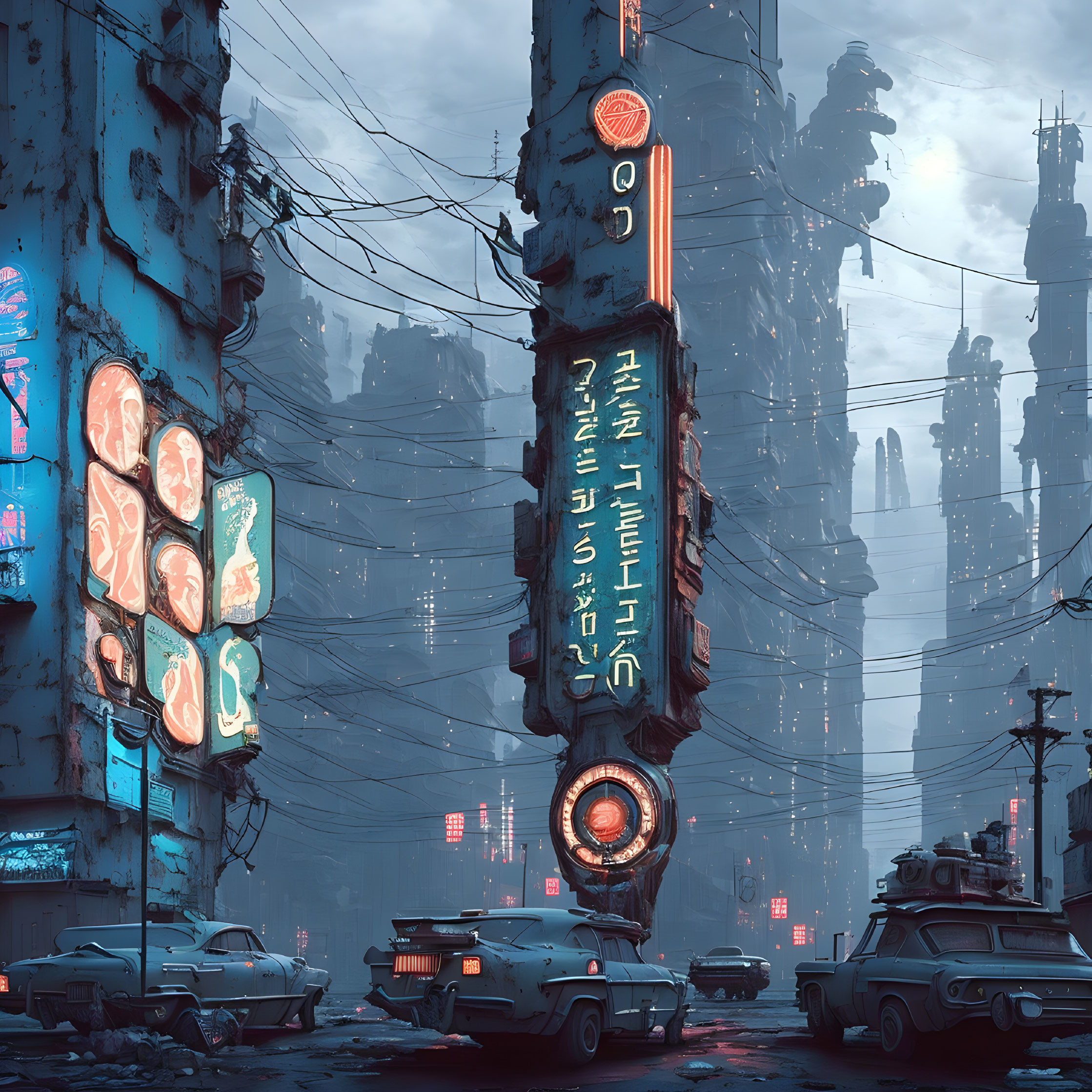 Futuristic cyberpunk cityscape with skyscrapers, neon signs, and retro-futuristic