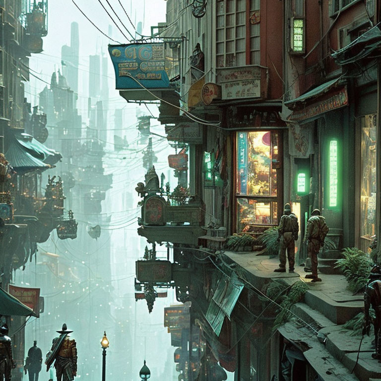 Urban Alley with Neon Signs and Sci-Fi Vibe in Green Haze