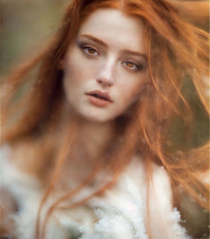 Woman with Flowing Red Hair and Fair Skin in Soft-Focus Portrait