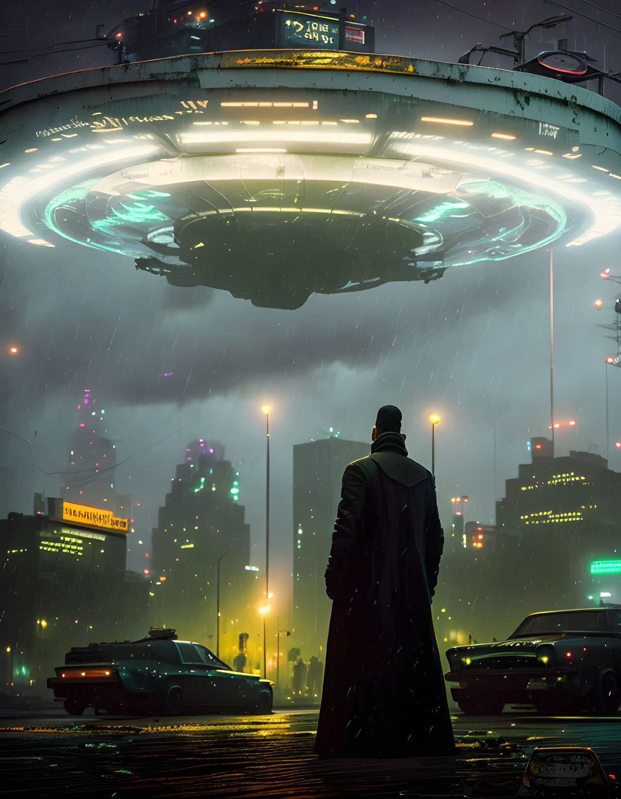 Person in coat on rainy futuristic street gazes at hovering flying saucer above neon cityscape