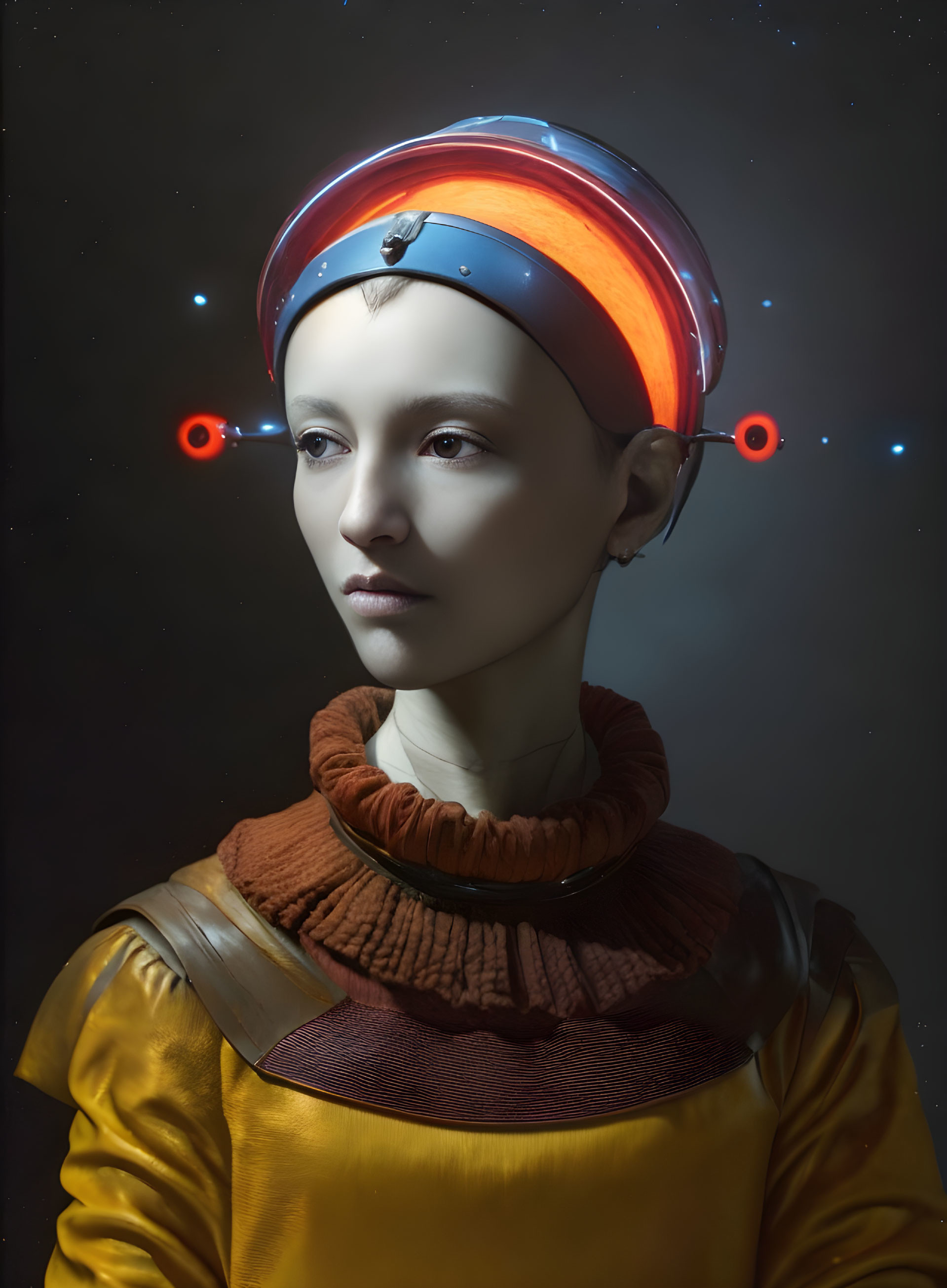 Futuristic orange and blue helmet with red lights on brown and gold outfit