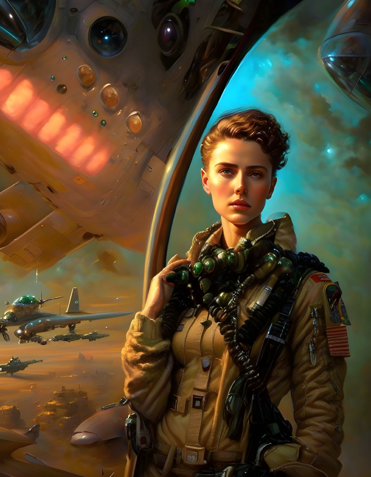 Female pilot in flight suit with futuristic aircraft and sunlit sky.