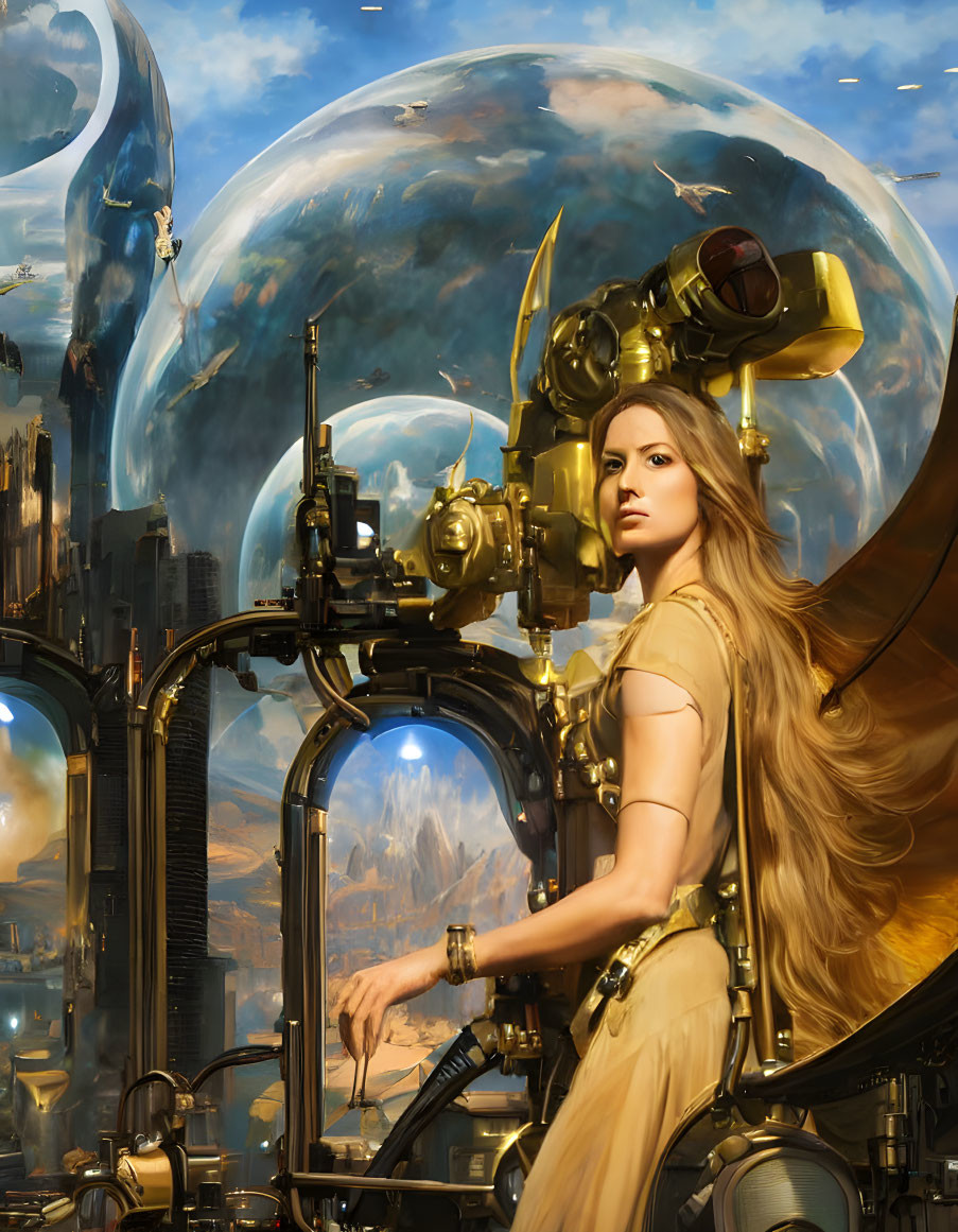 Long-haired woman next to futuristic machinery with cityscape and celestial bodies.