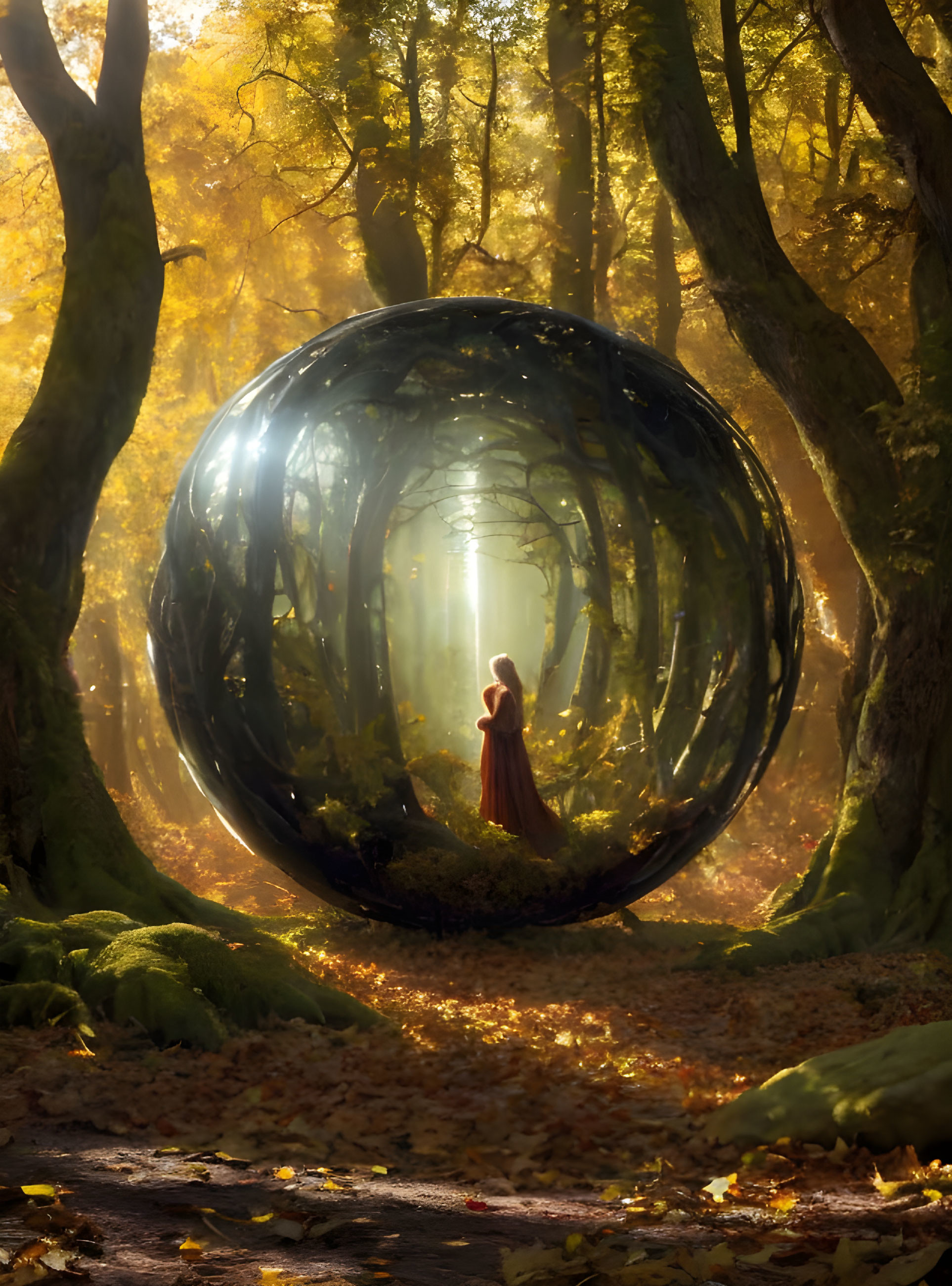 Person standing in reflective bubble in sunlit forest with autumn leaves.