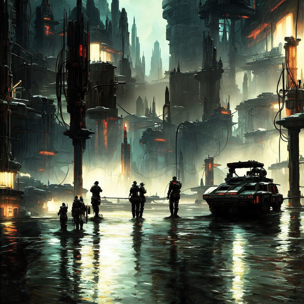 Dystopian cityscape at dusk: towering buildings, neon lights, reflections, futuristic vehicle