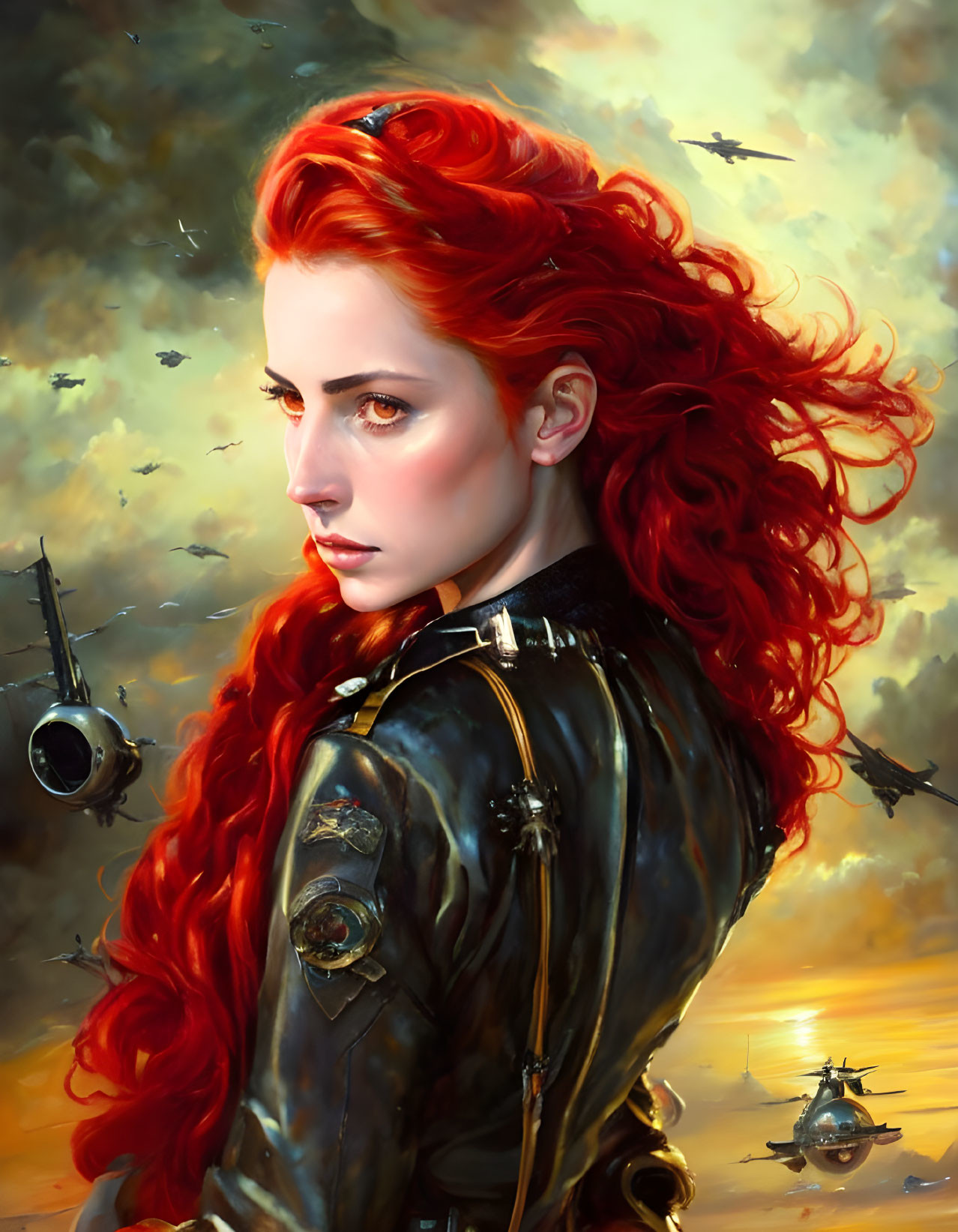 Red-haired woman in military jacket with aircraft and dramatic sky.