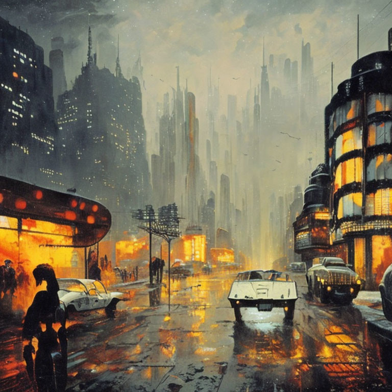 Futuristic neon-lit cityscape with classic cars and skyscrapers under gloomy sky