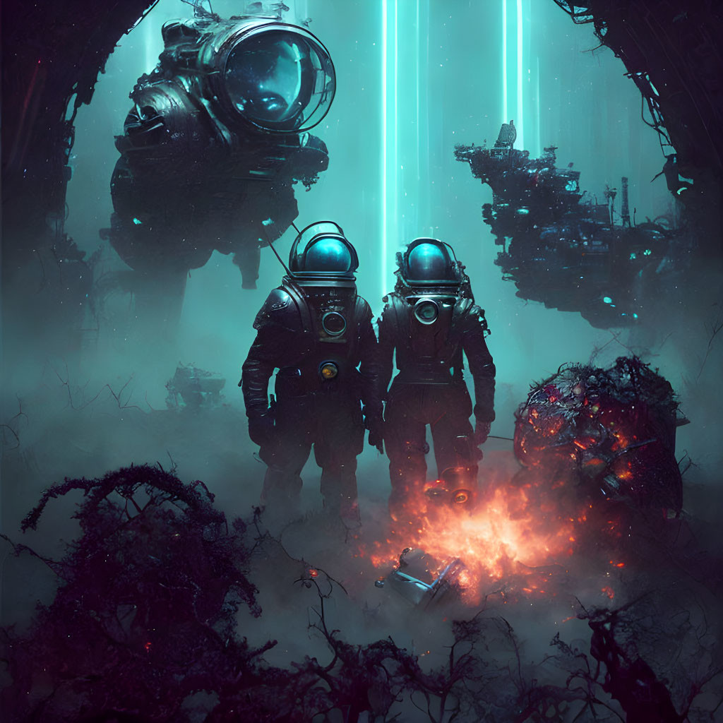 Astronauts on alien planet with glowing vegetation and futuristic city