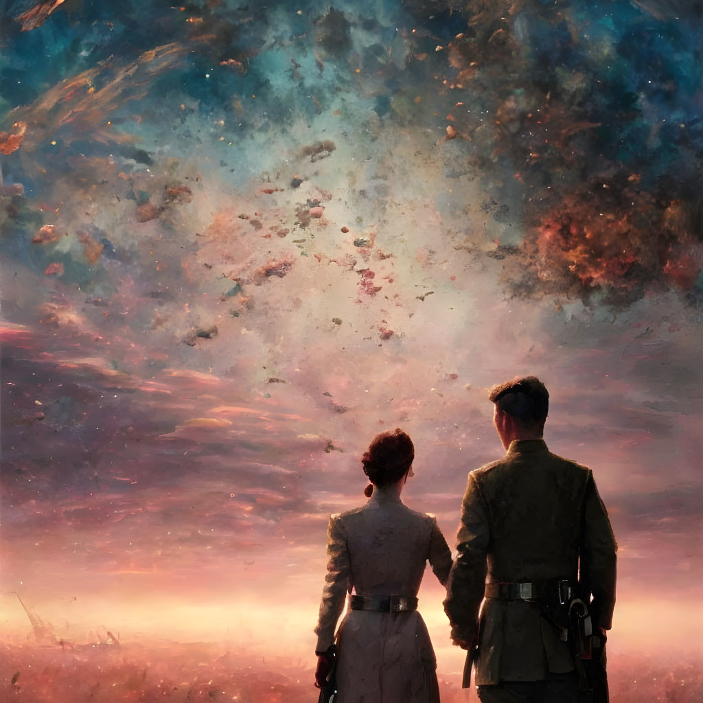 Couple admires vast cosmic sky with clouds and star formations