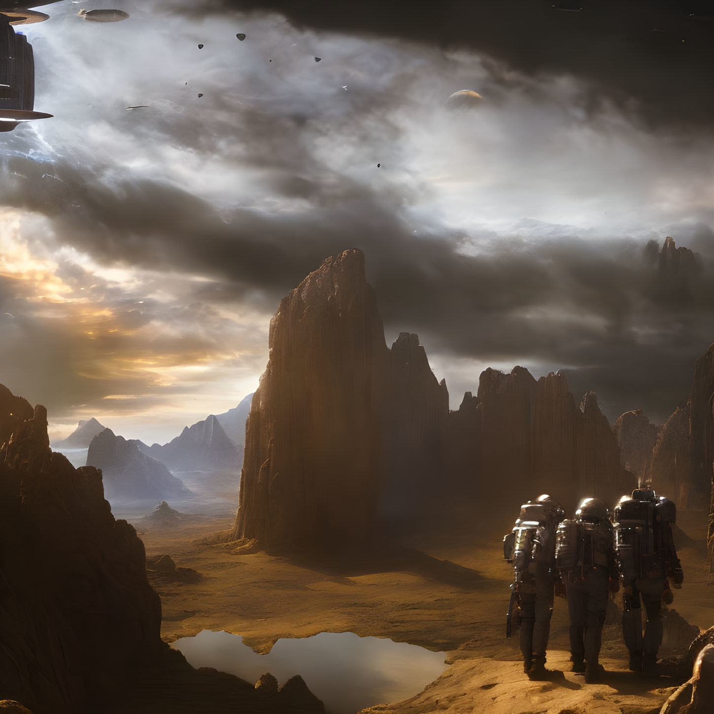 Astronauts on alien planet with cliffs and flying objects