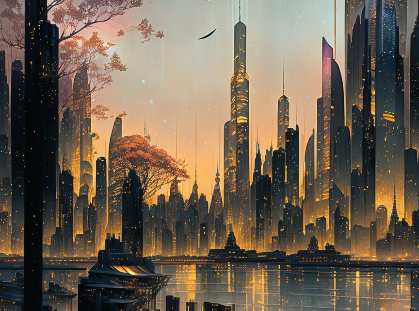 Futuristic cityscape at dusk: skyscrapers, glowing lights, lone autumn tree, flying