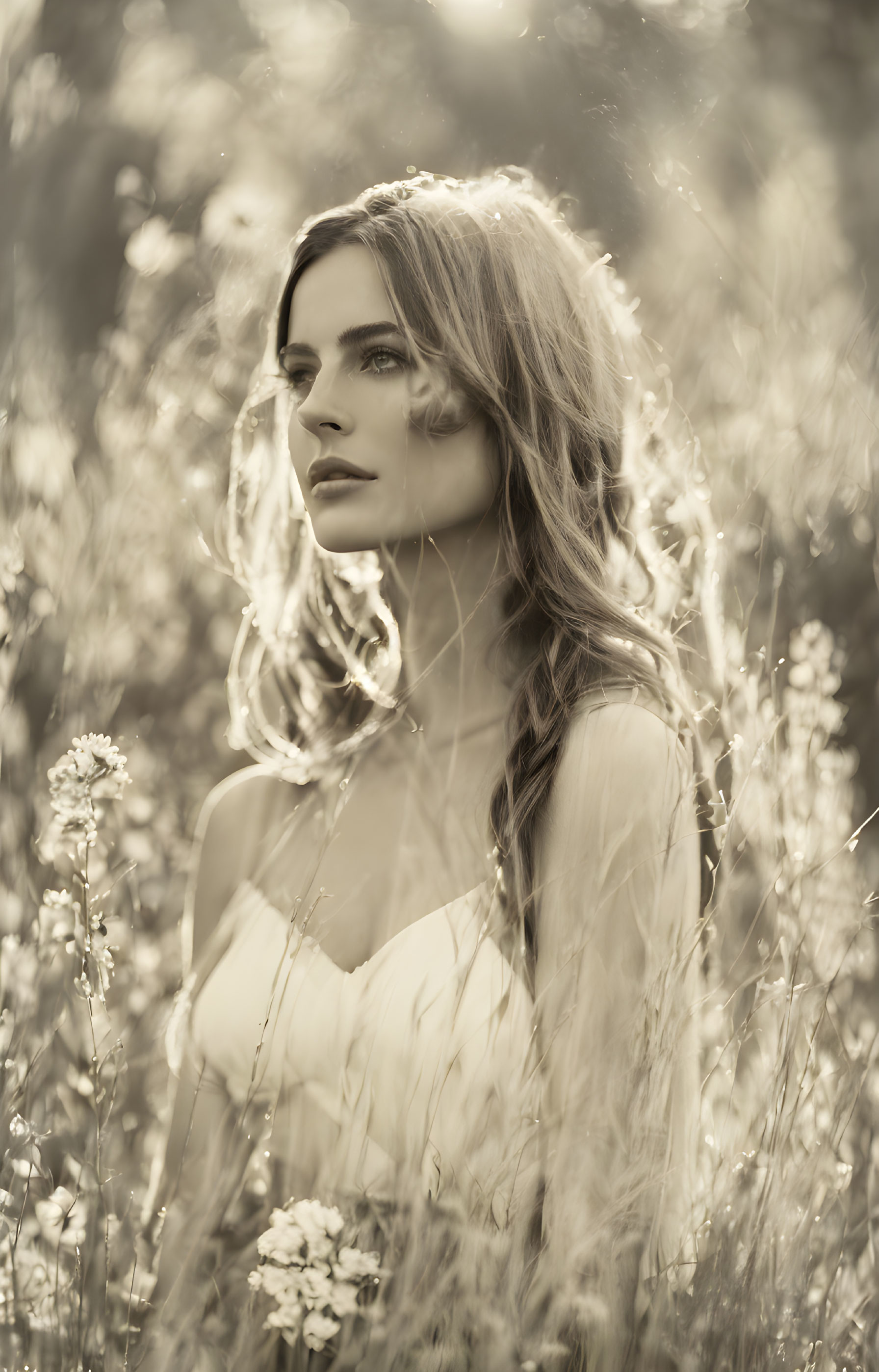 Woman in sunlit field of tall grasses, contemplative and serene