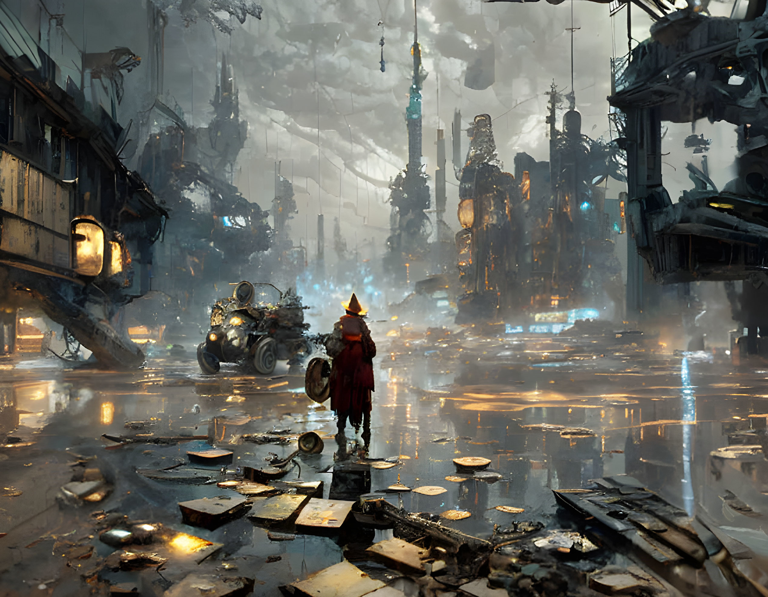 Red Cloaked Figure in Futuristic Ruins with Hovering Vehicle