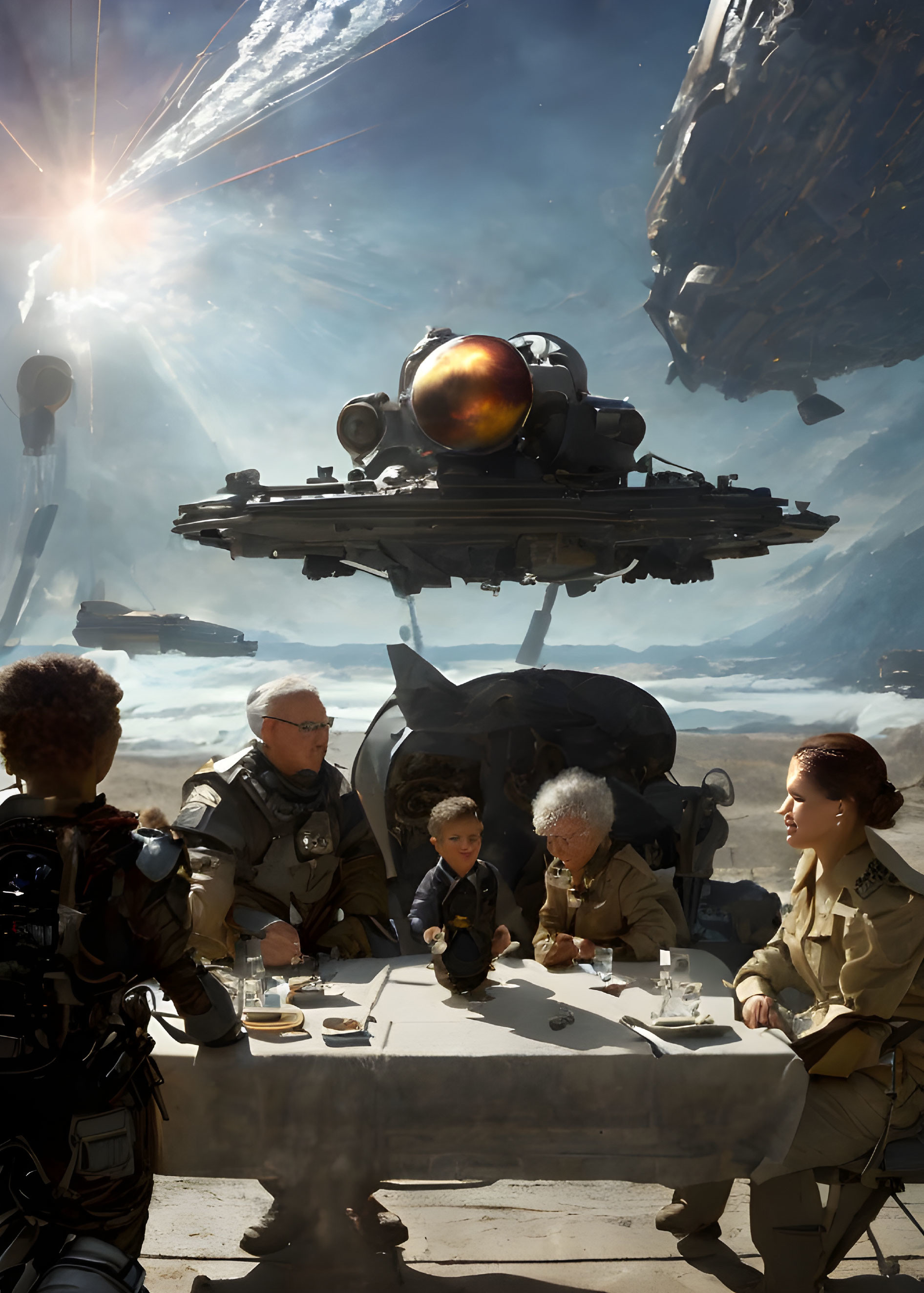 Military and civilian figures in futuristic battlefield scene with child standing on table