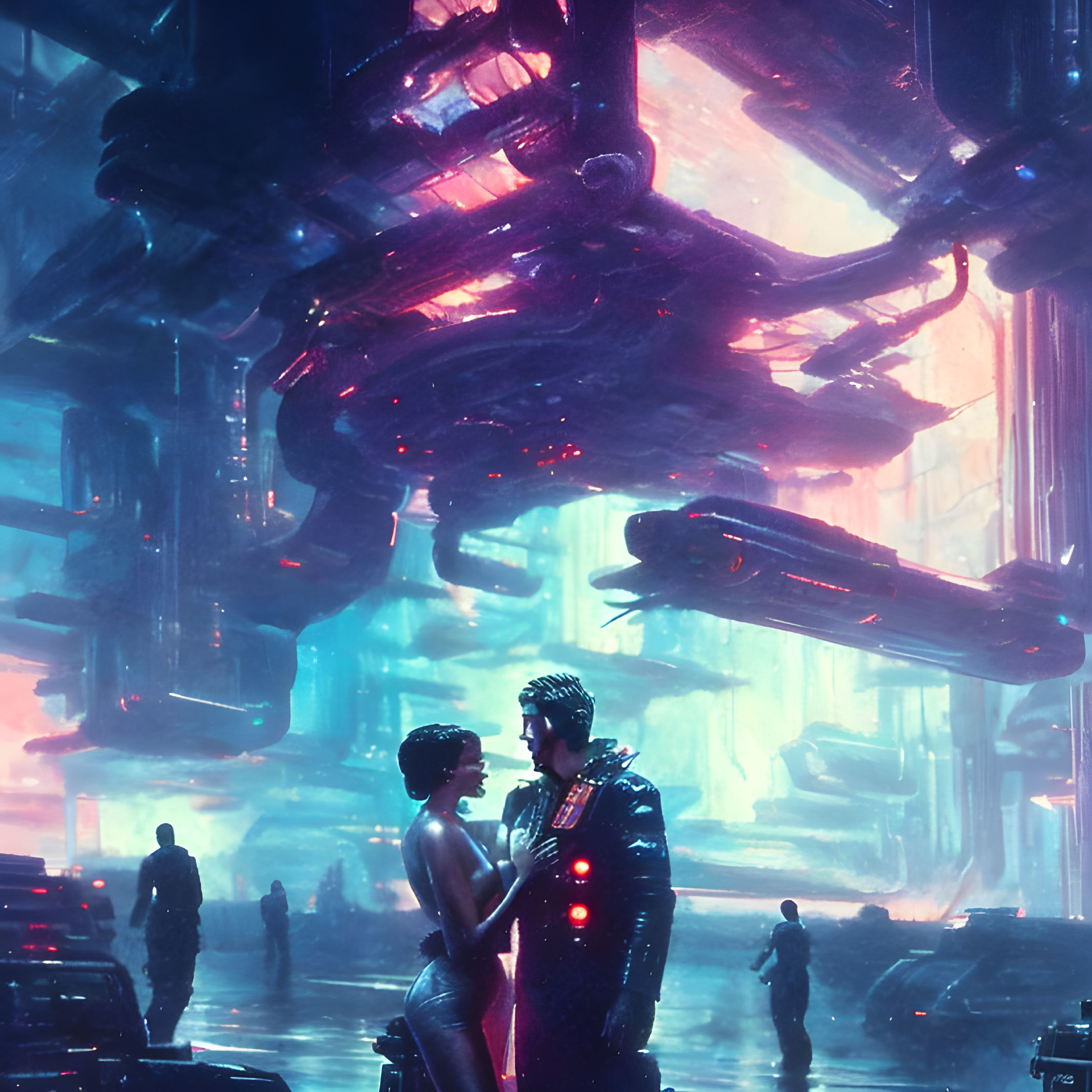 Futuristic neon-lit cityscape with embracing couple