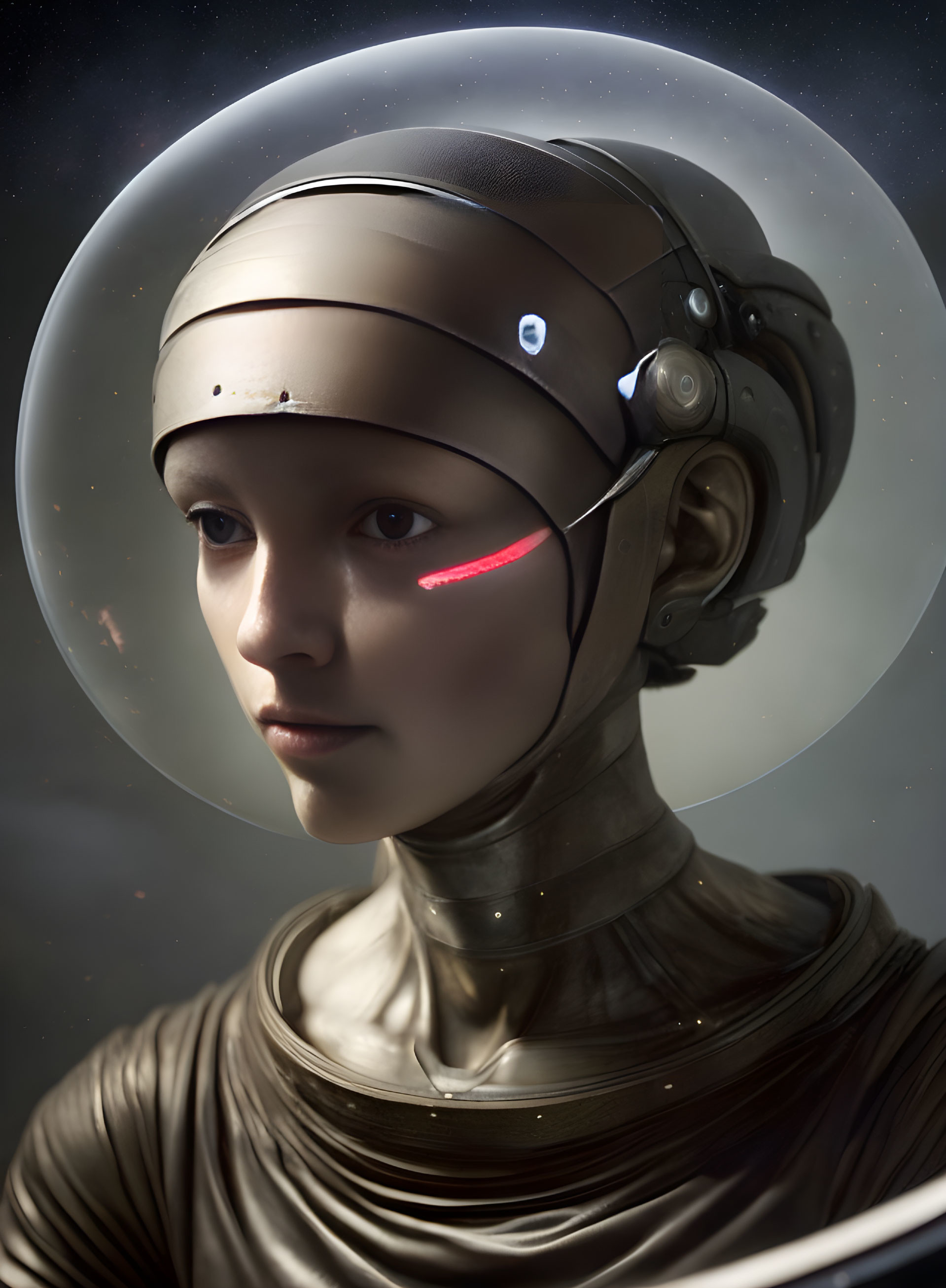 Humanoid robot with clear dome helmet and metallic head - futuristic design