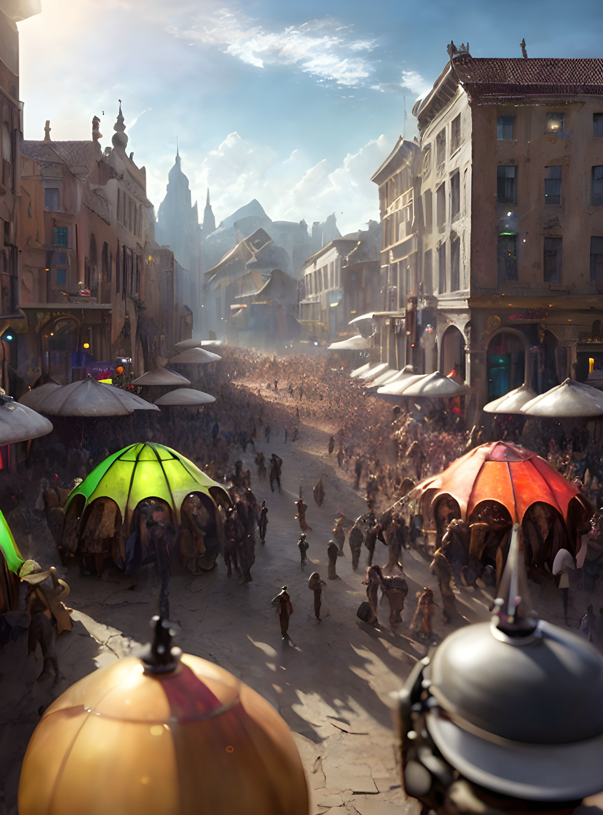 Vibrant market street with futuristic stalls and colorful canopies