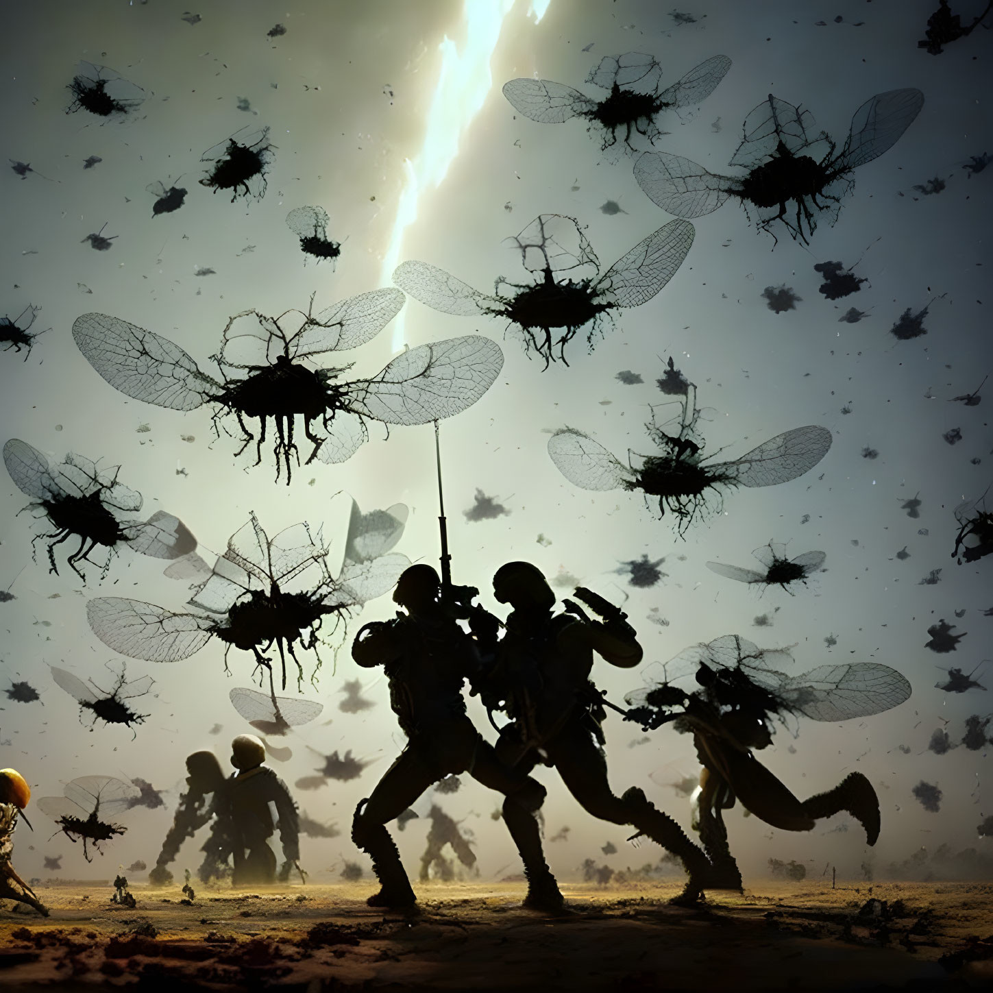 Futuristic soldiers fight insect-like drones under ominous sky