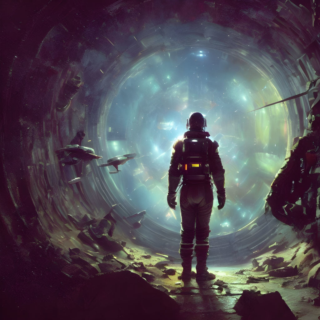 Astronaut at glowing space tunnel with debris and distant ships