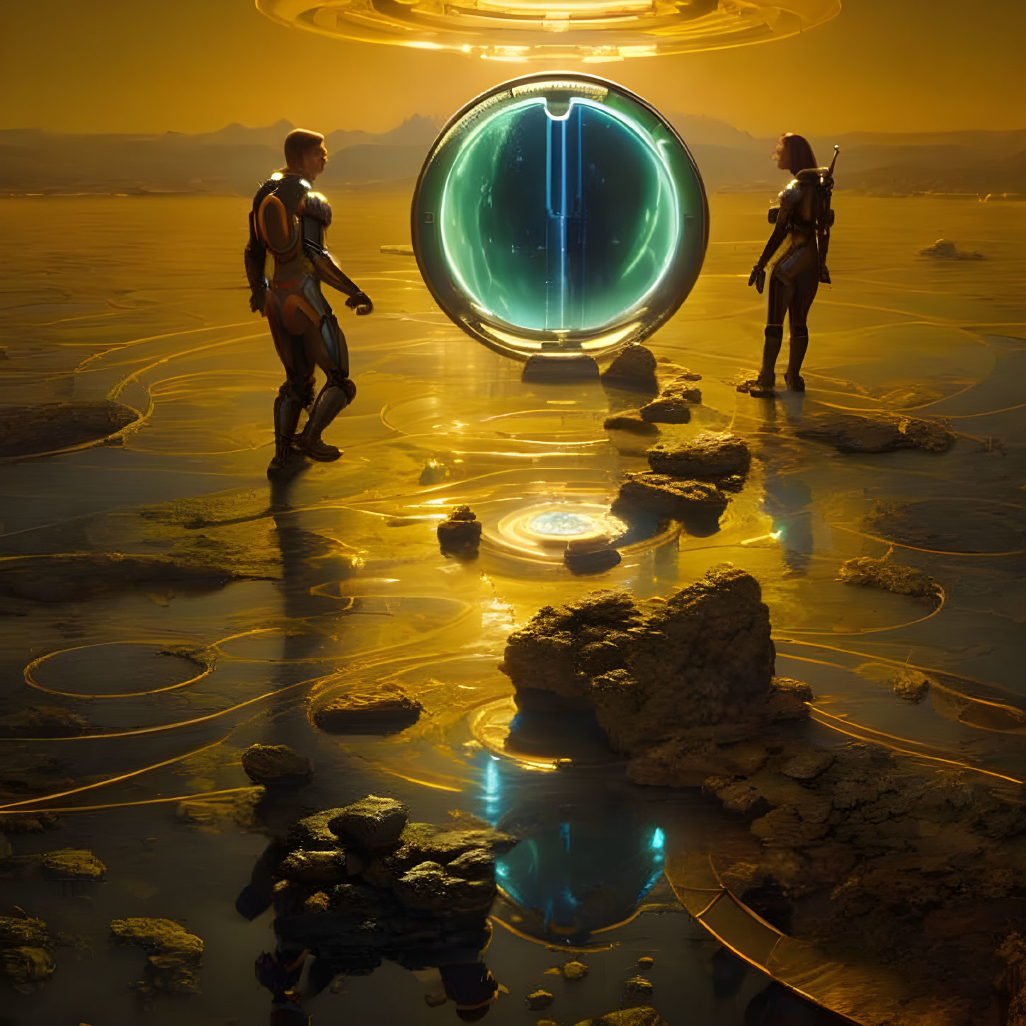 Astronauts on alien planet witness glowing portal in golden landscape