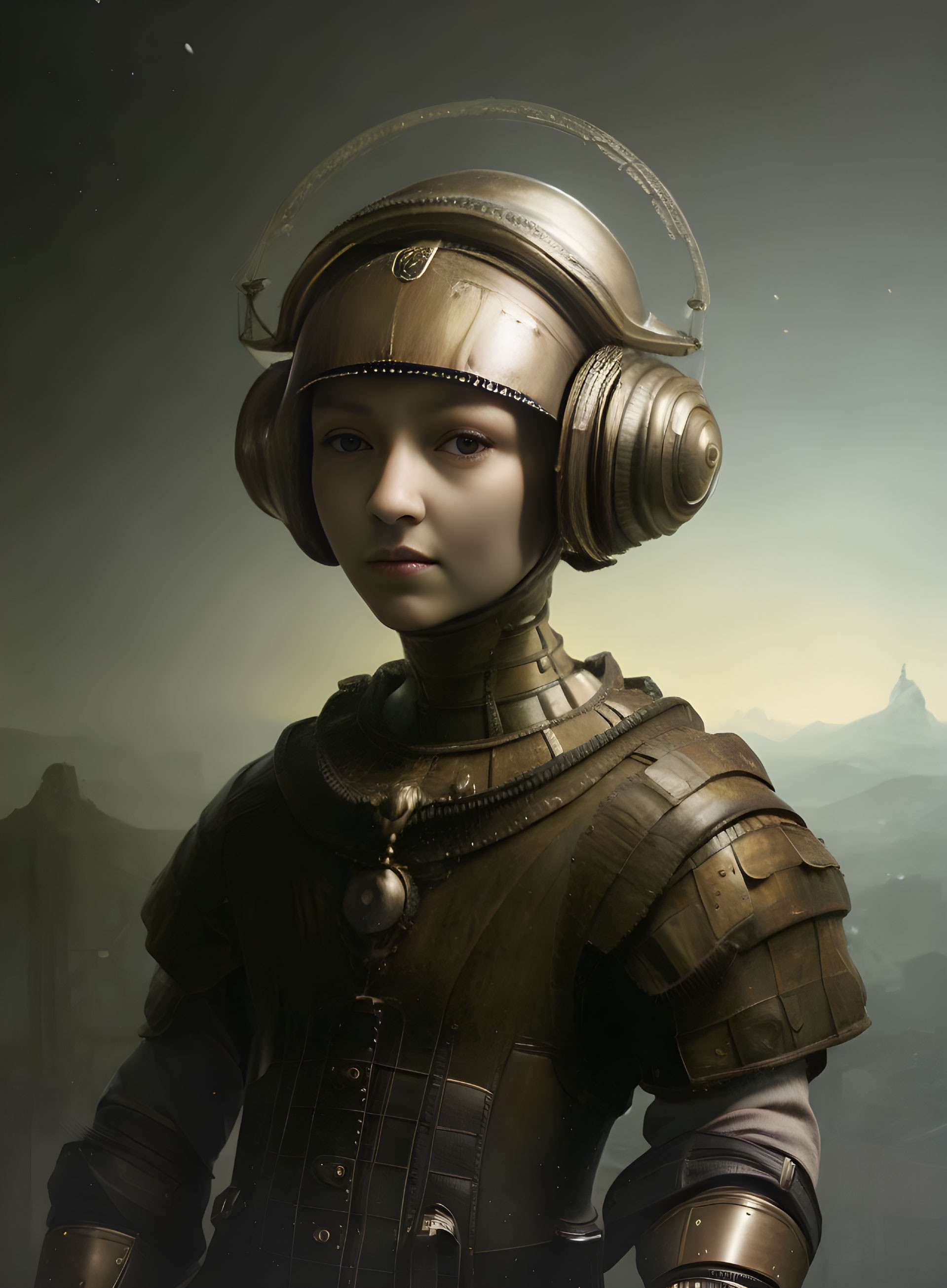 Young woman in futuristic medieval armor portrait against misty mountains