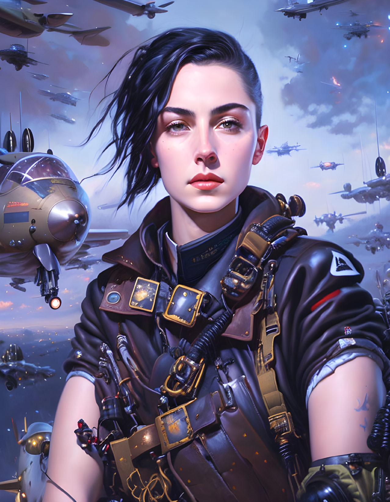 Digital portrait: Woman with short dark hair, red lipstick, futuristic pilot uniform, surrounded by flying aircraft