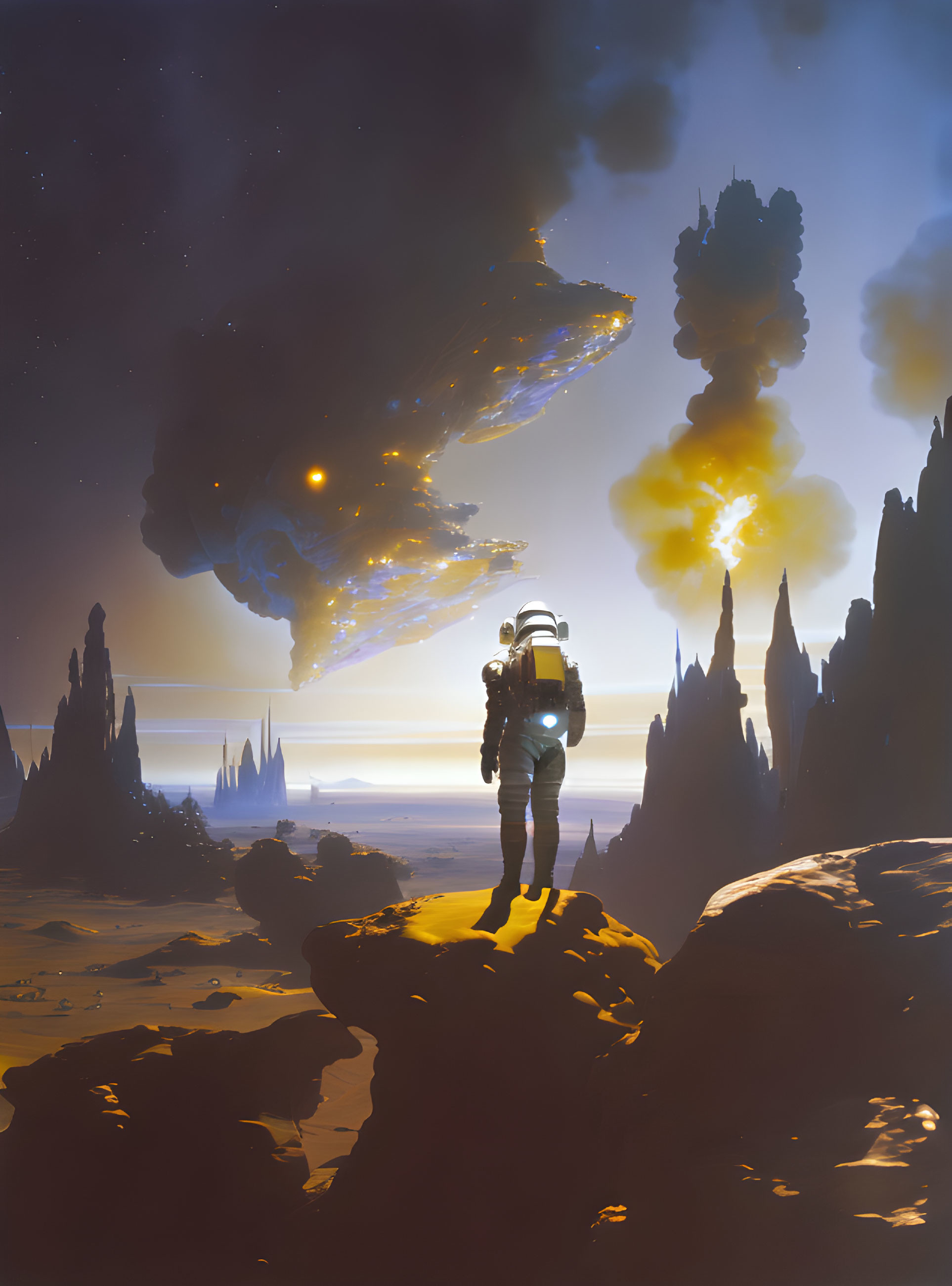 Astronaut on rocky alien landscape gazes at distant spaceship